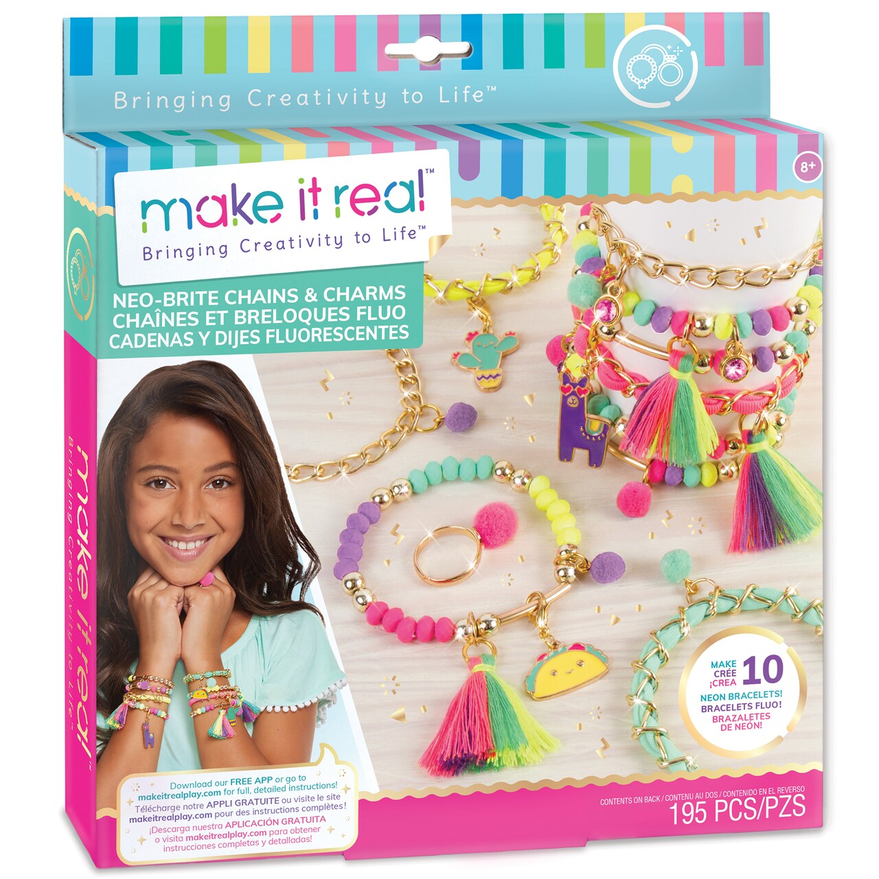 Make It Real: Neo-Brite Chains & Charms Kit - Create 10 Unique Cord & Tassel Charm Bracelets, 195 Pieces, Includes Play Tray, All-In-One, DIY Playful Charm & Bead Jewelry Kit, Tweens & Girls, Arts & Crafts, Kids Ages 8+